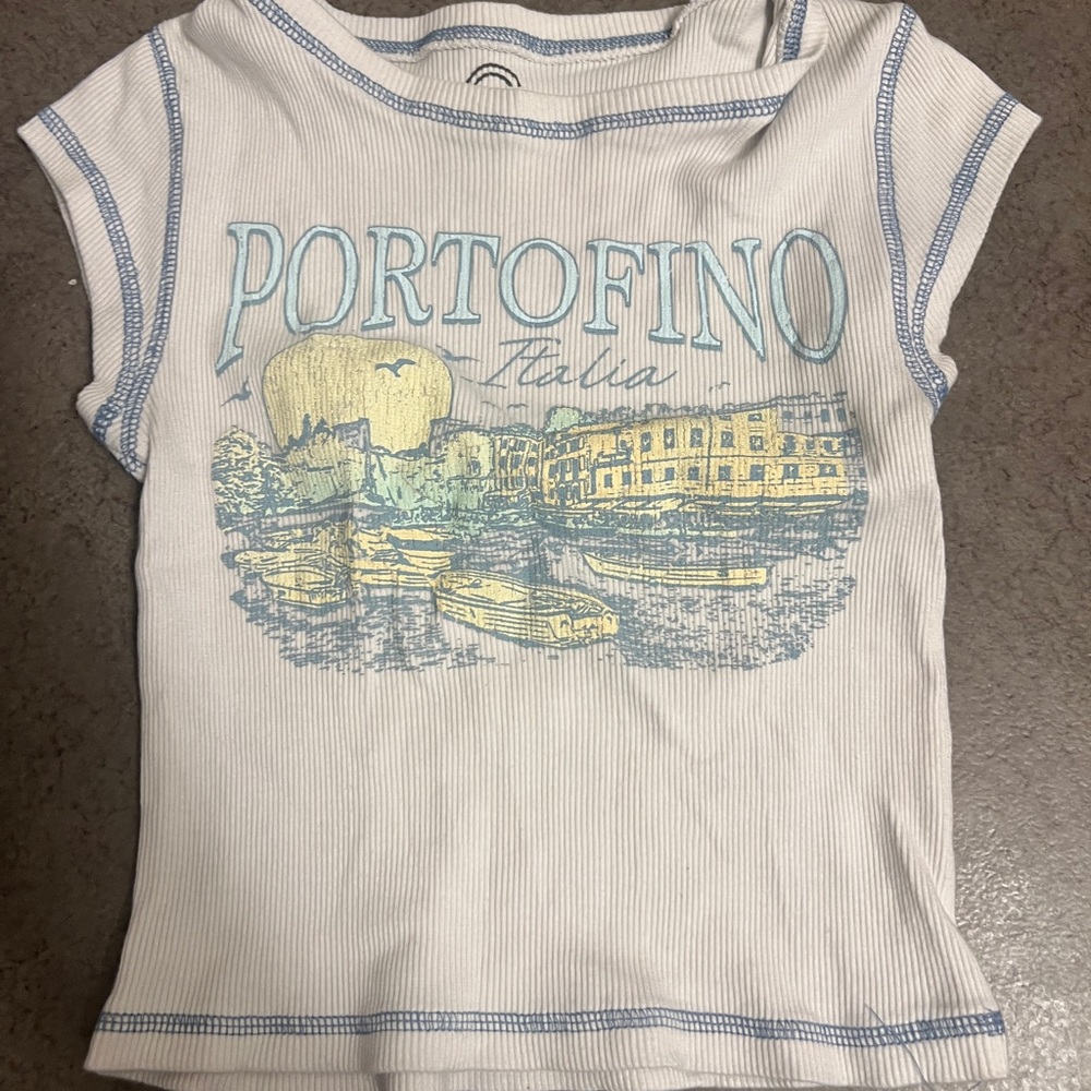 Portofino Graphic Ribbed Kids Tee - White with Blue & Yellow
